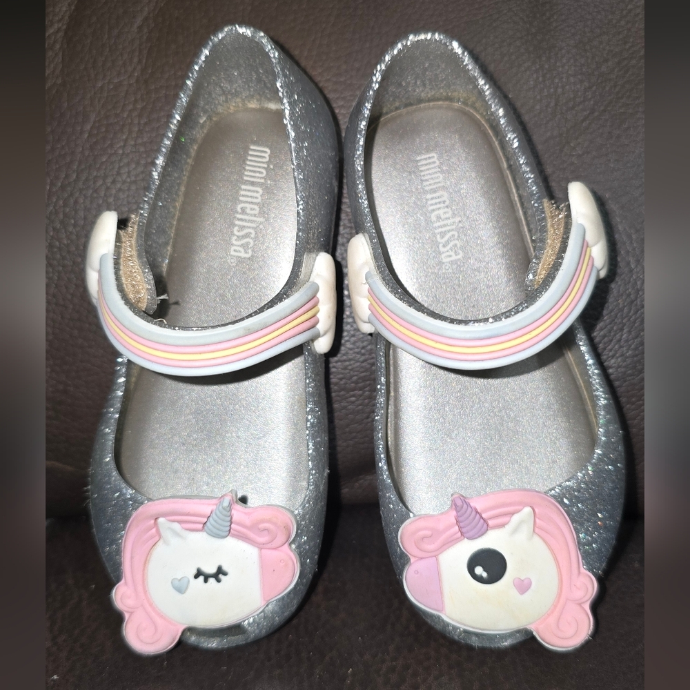 Mini Melissa Silver and Pink Dress Shoes Unicorn Design